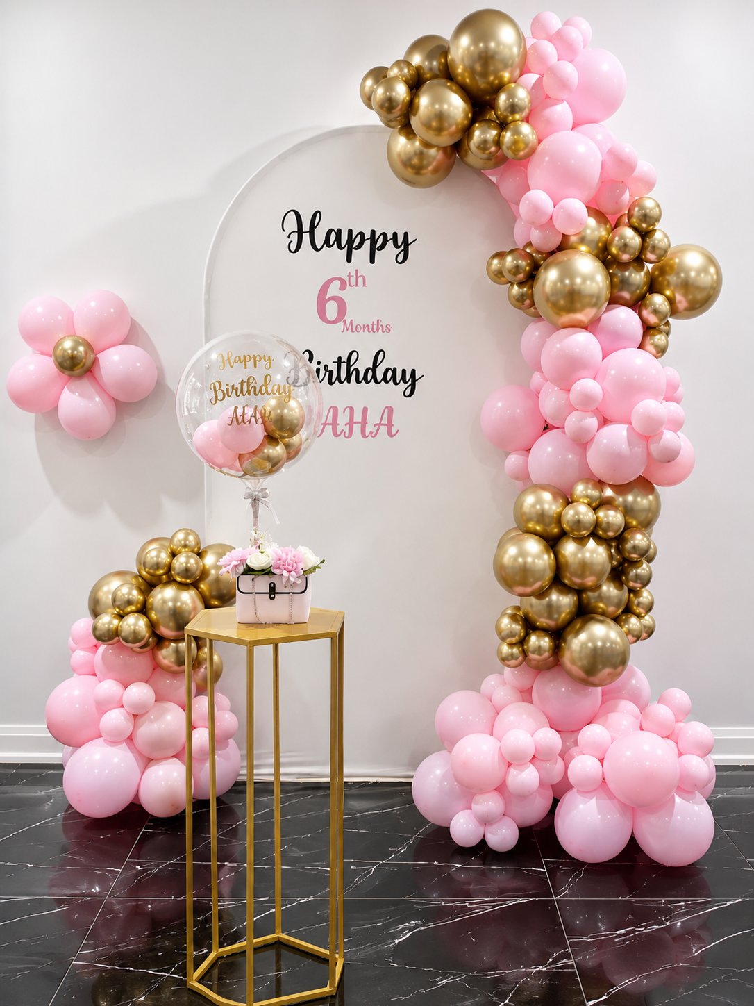 Blush Pink & Gold Balloon Backdrop Arch Setup